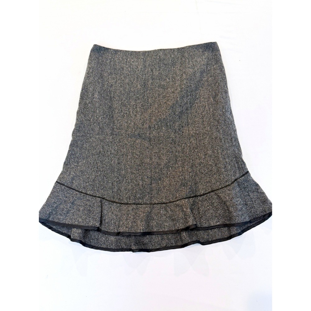 Gap Women's Gray/Black Herringbone Tweed A-Line Ruffle Hem Lined Skirt 10 preppy
